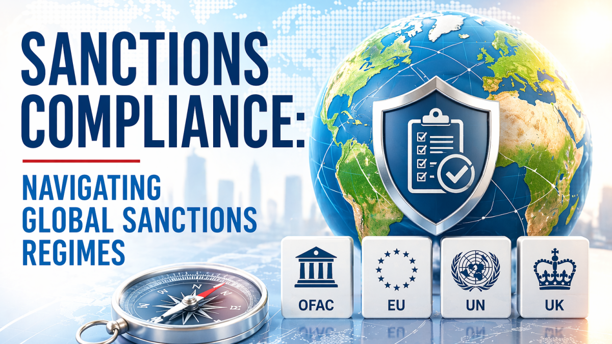Professional sanctions compliance themed graphic showing a globe with a shield checklist symbol, large “Sanctions Compliance: Navigating Global Sanctions Regimes” headline, and regulatory blocks labeled OFAC, EU, UN, and UK beside a compass, representing international sanctions screening, governance, and regulatory navigation.