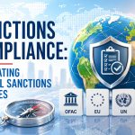 Professional sanctions compliance themed graphic showing a globe with a shield checklist symbol, large “Sanctions Compliance: Navigating Global Sanctions Regimes” headline, and regulatory blocks labeled OFAC, EU, UN, and UK beside a compass, representing international sanctions screening, governance, and regulatory navigation.