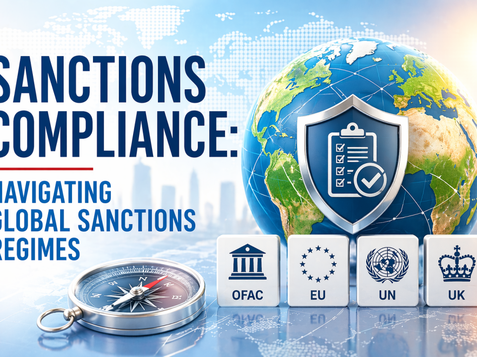 Professional sanctions compliance themed graphic showing a globe with a shield checklist symbol, large “Sanctions Compliance: Navigating Global Sanctions Regimes” headline, and regulatory blocks labeled OFAC, EU, UN, and UK beside a compass, representing international sanctions screening, governance, and regulatory navigation.