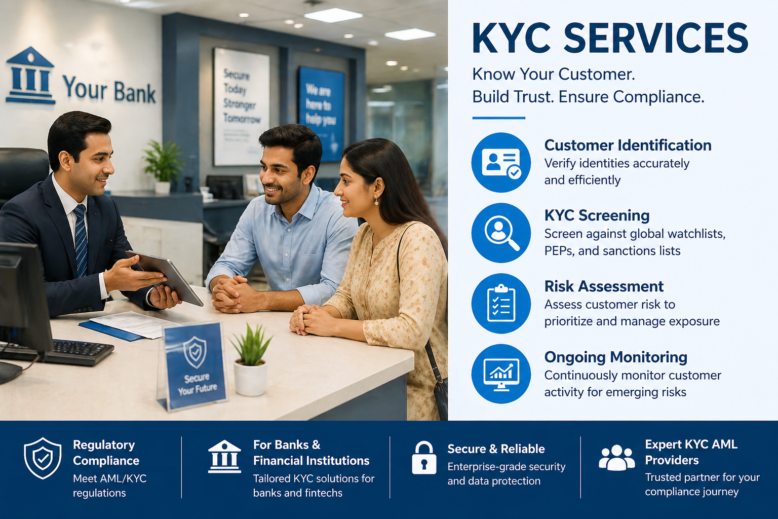 KYC services consultation at a modern bank branch showing customer onboarding, identity verification, kyc screening, risk assessment, and compliance support for financial institutions.