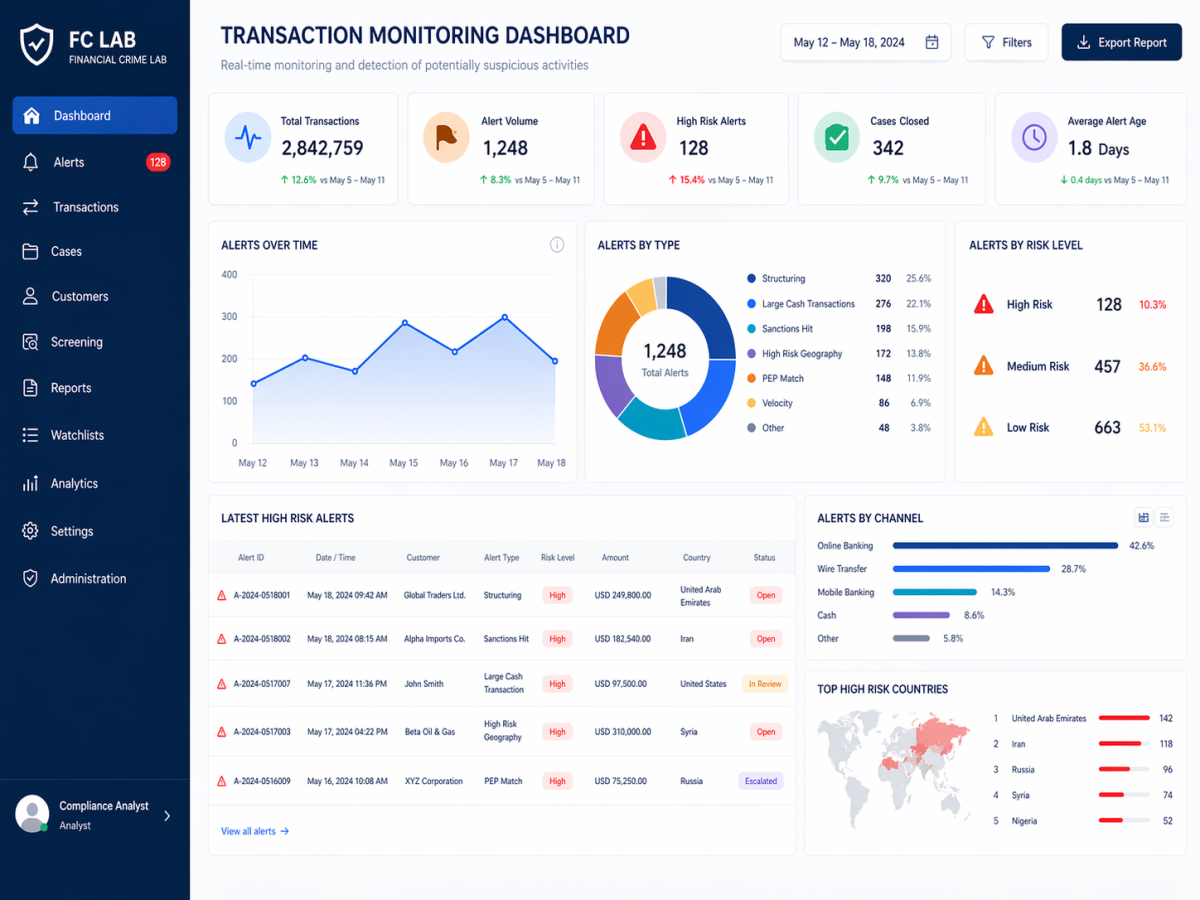AML transaction monitoring dashboard showing alerts, suspicious activity trends, risk levels, cases, customer screening, and analytics for financial crime compliance operations.
