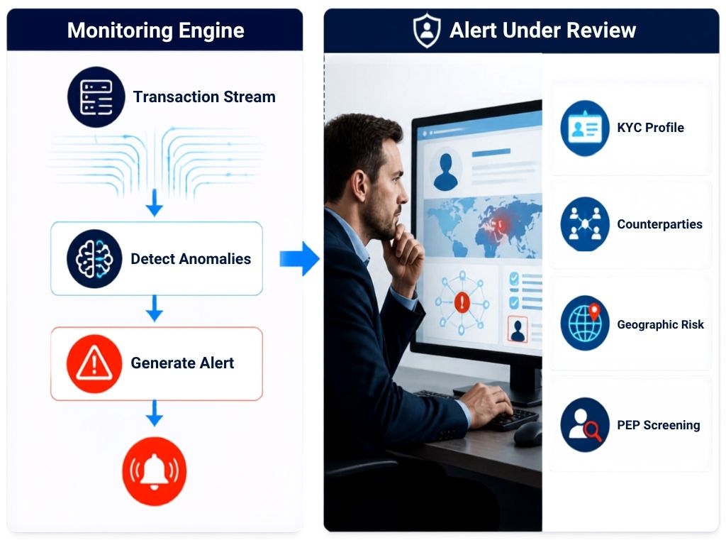 AML alert-to-investigation workflow showing automated transaction alerts evaluated against customer KYC context.